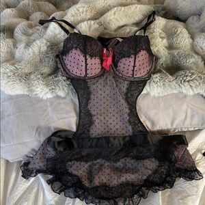 Black Lace & Pink Mesh Bustier Chemise with Bow